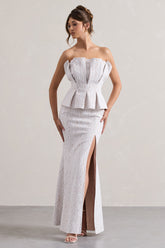 White Lace Strapless Ruffled Split Maxi Dress